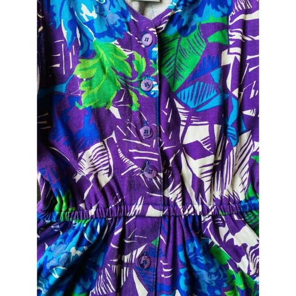 Vintage 80s 90s Purple Floral Day Dress Sz S Small Bright Tropical Button Front - Picture 8 of 8
